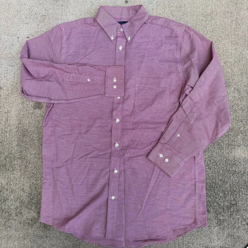 Stafford Travel Oxford Shirt Mens 15.5 Red Button Down Long Sleeve Micro Check